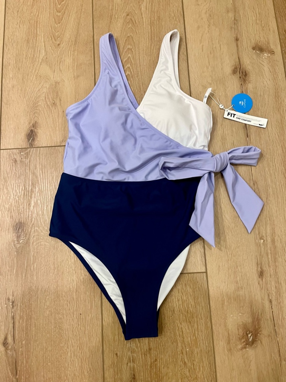 Cupshe Lavender, Navy & White One-Shoulder Swimsuit with Side Tie